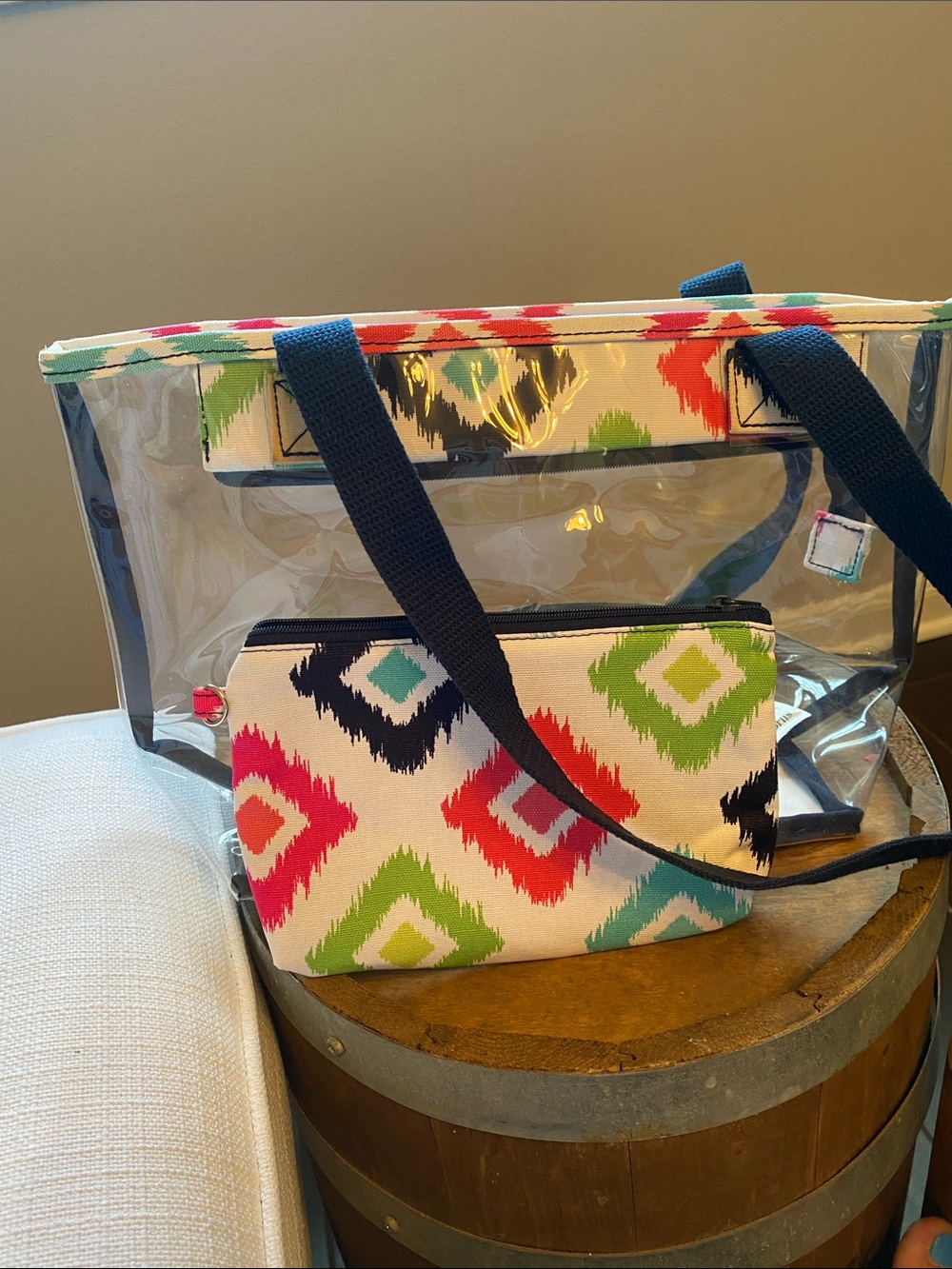 thirty-one Clear Tote with Multicolor Geometric Pouch and Navy Handles